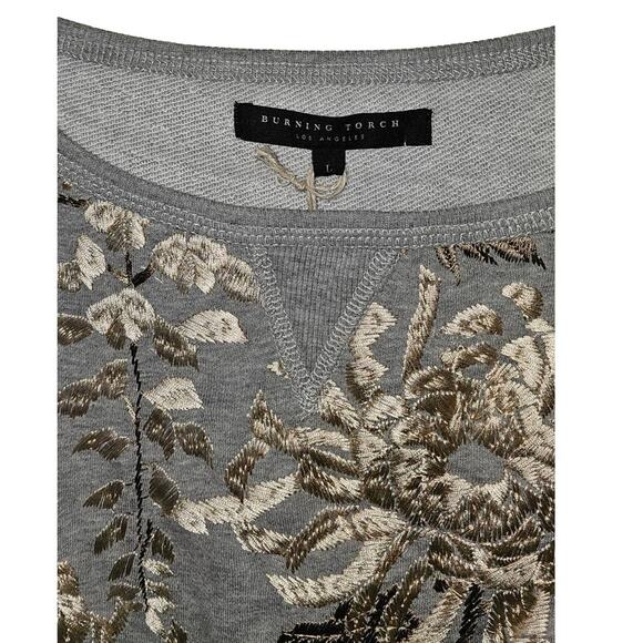 New Burning Torch Helena Sweatshirt $250+ LARGE Gray Floral Embroidery - Picture 2 of 3